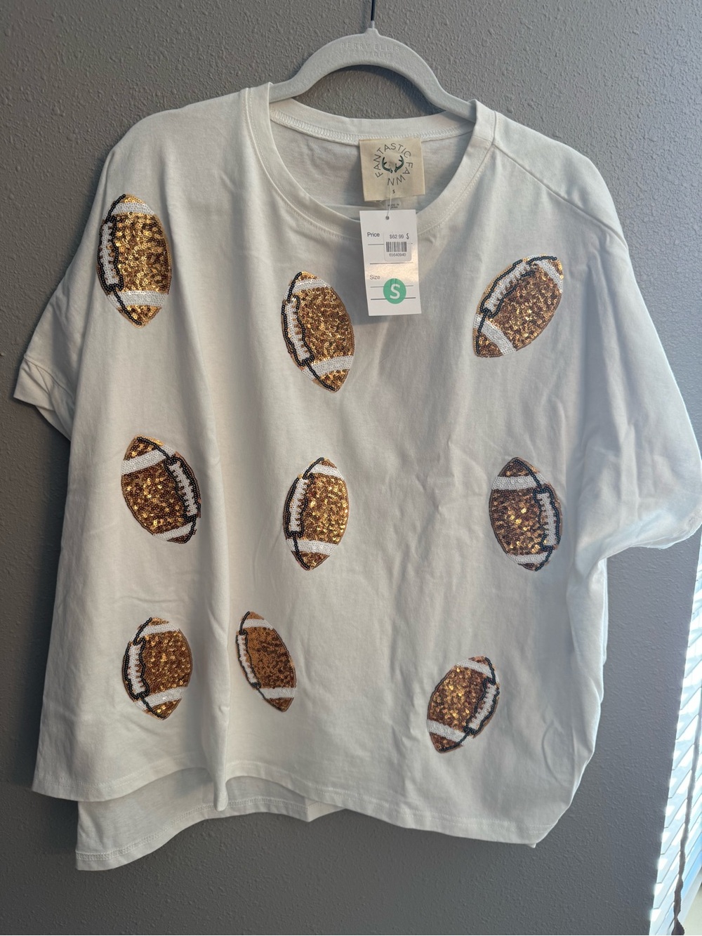 Ladies White Sequin Football Tee